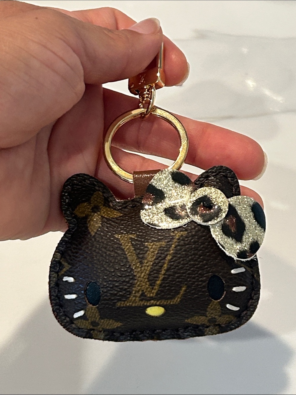Upcycled LV Gold-Tone Brown Monogram HK Keychain Bag Charm with Leopard Bow - Picture 11 of 11
